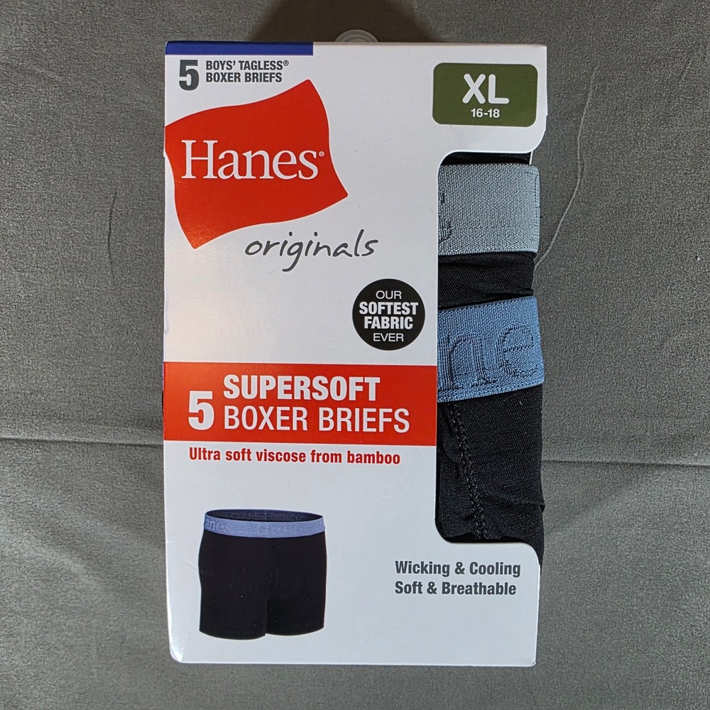 Hanes Originals Boys XL 16-18 Supersoft Bamboo Boxer Briefs 5-Pack Black BRO2BB